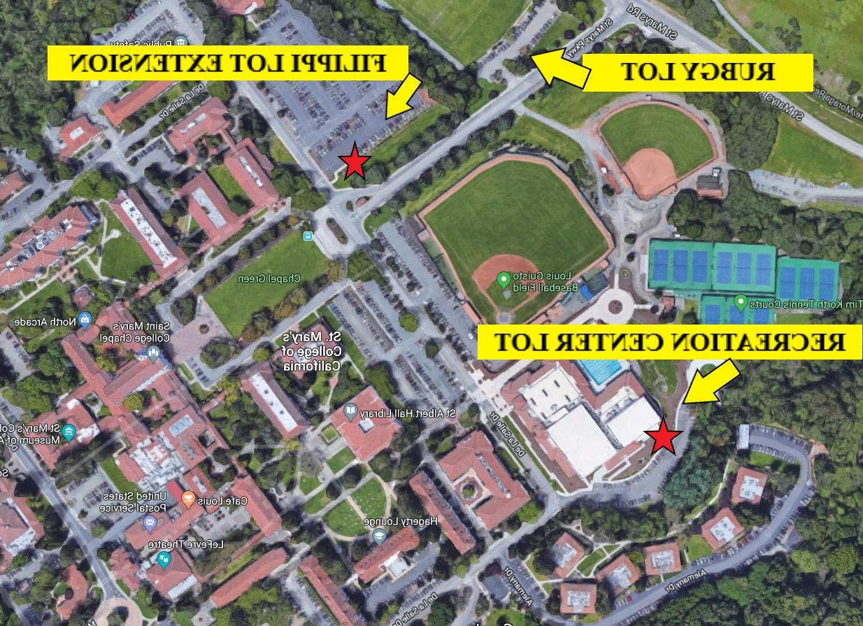 a map indicating the visitor parking lots of Ruby Log, Filippi Lot Extension, 和 Recreation Center Lot